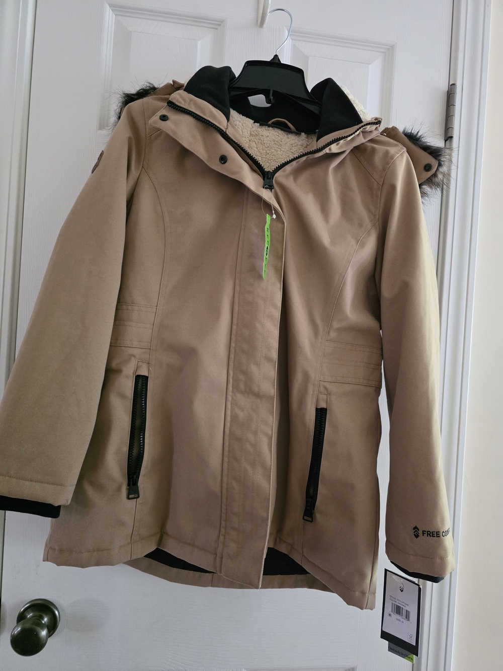 Free Country Womens Tan Hooded Raincoat with Faux-Fur Trim
